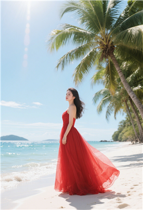 夏日海边红色婚纱美女写真摄影图片